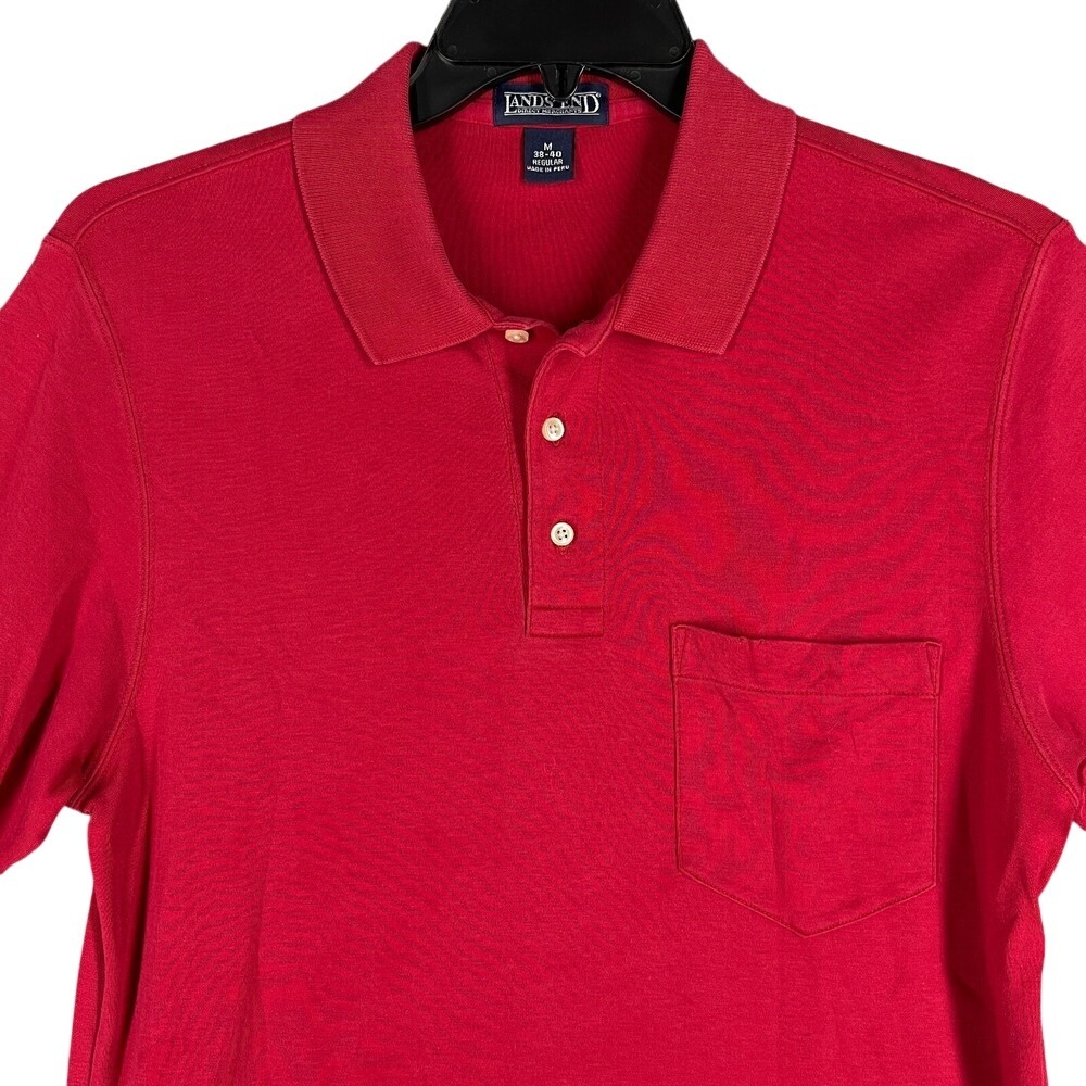 Lands End Mens Medium Red Cotton Rugby Shirt 1990s Vintage Preppy Casual
